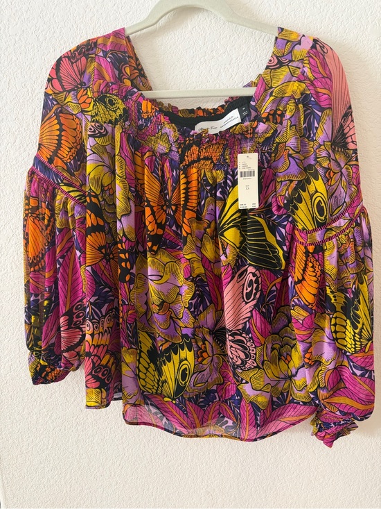 Anthropologie Tops - Anthropologie Floral-Paisley Off-Shoulder Blouse in Pink, Purple & Yellow